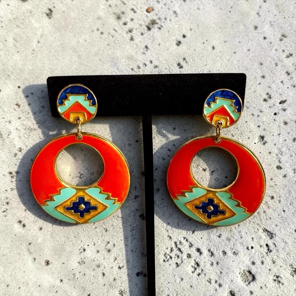 VTG Southwest Aztec Style Cloisonne Enamel Gold Tone Clip On Statement Earrings